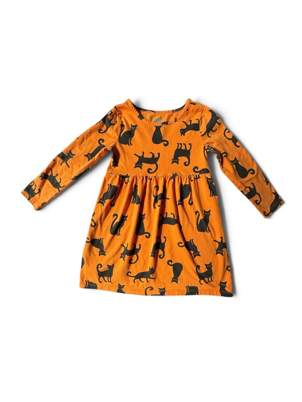 Halloween Orange Black Cat Print Long-Sleeve Kids cotton Dress